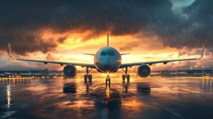 Airplane on rainy airport runway during dramatic sunset