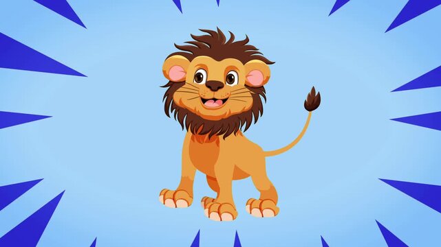 animated Lion moving head moving tail eyes blinking a cute cartoon Lion king motion graphics 4k Animation with blue starburst background effect