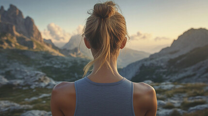 woman practices yoga in a serene mountain setting, embracing tranquility and connection with nature. The scene captures a moment of calm, mindfulness, and balance