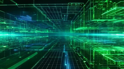 A vibrant digital landscape showcasing green data flows through an abstract, futuristic environment with complex geometries and motion.