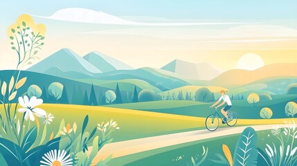 Woman Cycling Through Lush Green Landscape with Mountains