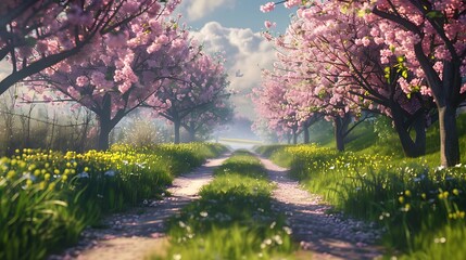 A picturesque spring view of a country lane lined with blossoming trees and fresh green grass. 