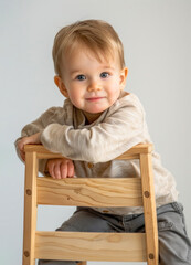 Smiling toddler leaning on a wooden chair, capturing a moment of joy and innocence in a simple, bright setting