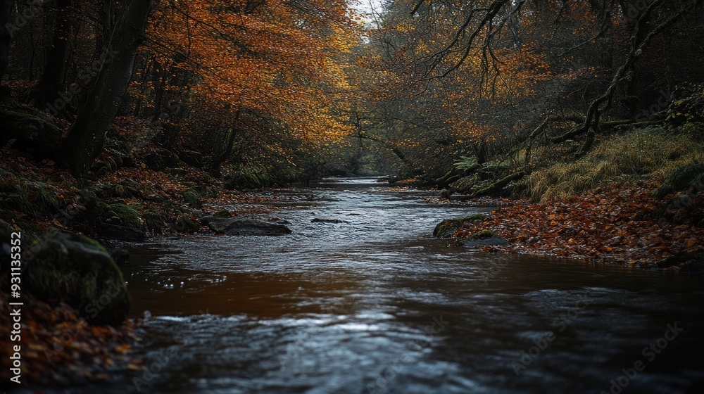 Sticker tranquil river flowing through autumn forest