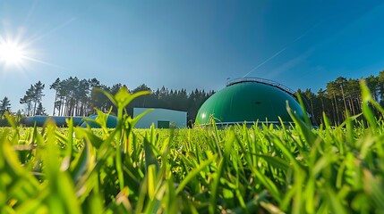 Green biogas digester dome stands proudly in a sunny meadow, surrounded by lush grass and a line of trees in the background. The bright sun shines in the sky, casting a warm glow on the scene.