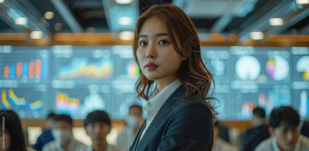 Poster An Asian female office worker in a suit is giving a presentation to a group of customer. She is standing in front and on the wall behind her is a large screen displaying various graphs. Generative AI.