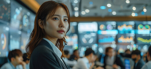 An Asian female office worker in a suit is giving a presentation to a group of customer. She is standing in front and on the wall behind her is a large screen displaying various graphs. Generative AI.