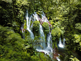 Aerial view of Banyu Wana Amertha Waterfall in Buleleng, Bali, Indonesia.