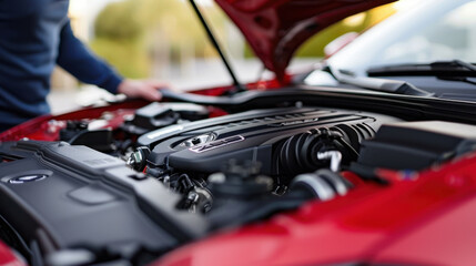 Fototapeta premium A close-up view of a modern car engine with a technician inspecting under the hood, showcasing automotive technology and maintenance.