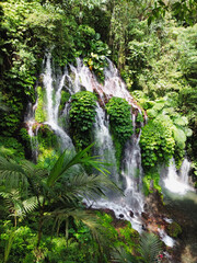 Aerial view of Banyu Wana Amertha Waterfall in Buleleng, Bali, Indonesia.