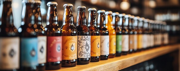 A selection of craft beer bottles with handdrawn labels, displayed in a cozy brewery, handcrafted beer, creative and artisanal