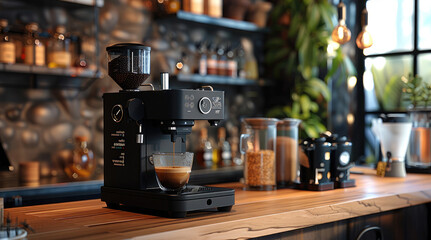 A black coffee grinder on a coffee bar, high end ambient feel. Generative AI.