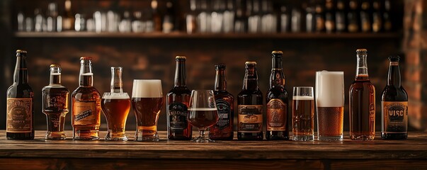 Assorted beer bottles and wine glasses on a rustic wooden table, dim pub lighting, beer wine liquor, variety and choice