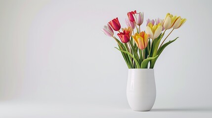 A vibrant bouquet of tulips in a tall ceramic vase set against a clean white background. 