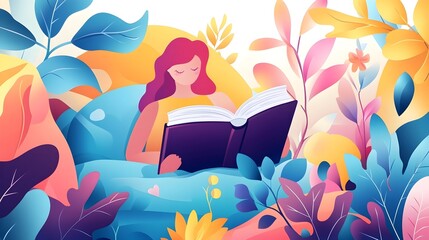 Woman Reading Book in Colorful Floral Illustration