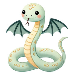 Fototapeta premium Cute cartoon snake with wings, displaying a whimsical and fantasy theme, perfect for children's illustrations or mythical stories.