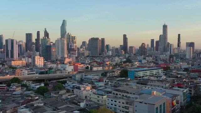 sunset time bangkok city downtown aerial panorama 4k thailand