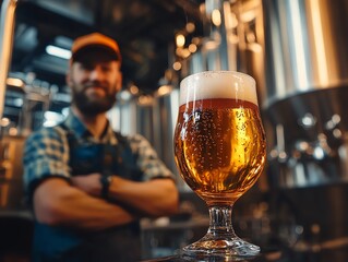 Craft beer in a glass with condensation, artisan brewer working in the background, craft beer making, dedication and skill