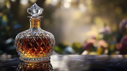 Crystal decanter of boutique brandy with gold accents, set against a deep, luxurious backdrop, exclusive spirits, elegance and exclusivity