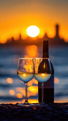 Wine on the Beach with City Skyline