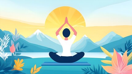 Obraz premium Yoga Sunrise Mountains Meditation Illustration