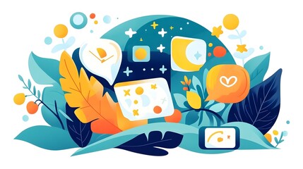 Abstract Floral Background with Colorful Shapes and Icons