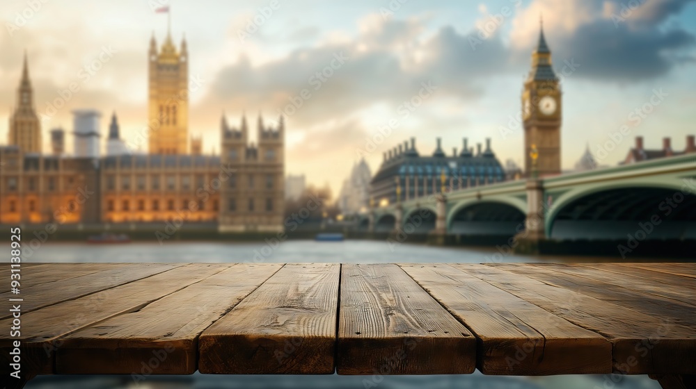 Wall mural empty wooden table with view to big ben