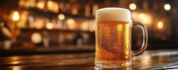 Golden beer overflowing in a frosted mug, pub setting with blurred background, warm lighting, alcoholic beverage, casual social gathering