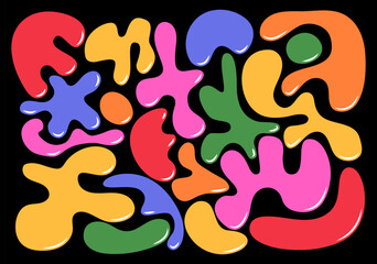 Set of liquid organic shapes. Abstract irregular random blobs. Coloful wavy bubbles and drops in trendy y2k style.