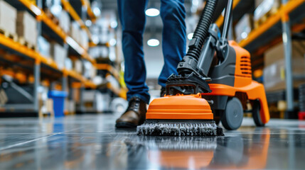 Close-up of industrial floor cleaning equipment being used to maintain cleanliness in a warehouse aisle, ensuring a safe work environment.