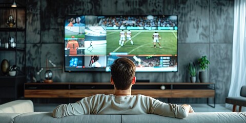 man watching split screen multiview sports on living room flat screen TV, 