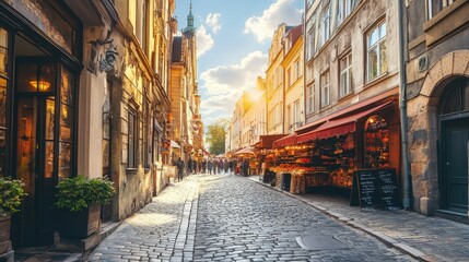 Fototapeta premium A charming cobblestone street lined with shops and cafes, bathed in warm sunlight.