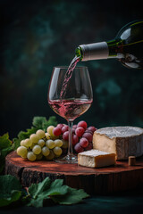 Obraz premium close up of wine being poured into a glass with cheese and grapes