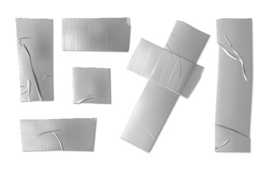 Silver adhesive tape pieces with texture. Realistic 3d vector illustration set of cut glued sticky paper strip with grey metal color and wrinkles. Plastic bandage patch mockup. Torn scotch sticker.