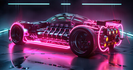 An artistic interpretation of a hybrid supercar engine, with LED lights outlining the integration of electric and combustion elements in striking colors like neon pink. Generative AI.