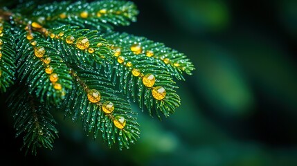 Dewdrops on a Pine Branch Close-Up