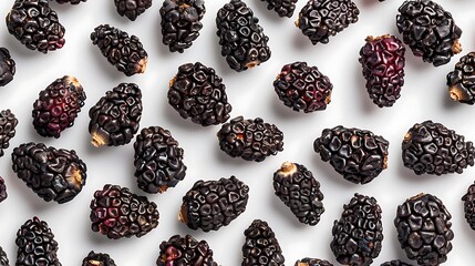 Close-up of dried mulberries with their intricate texture on a white background. 