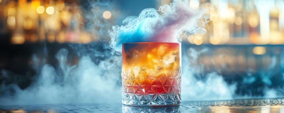 Multicolored cocktail with smoke tendrils rising, presented in a handblown glass, innovative mixology, mysterious and enchanting