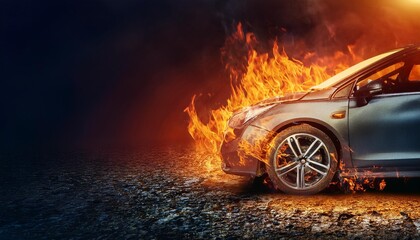 A close-up of a car with a damaged fender or wing on a fire.