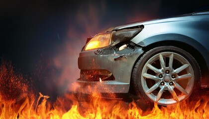 A close-up of a car with a damaged fender or wing on a fire.