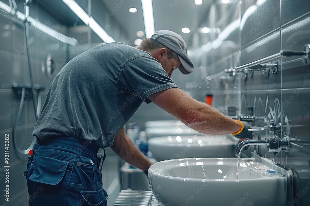 Poster worker professionally changing water taps in bathroom. focus on worker and his work. generative ai.