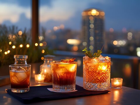 Rooftop bar with panoramic city views, assorted cocktails glowing under the city lights, premium spirits arranged behind, rooftop bar, urban sophistication