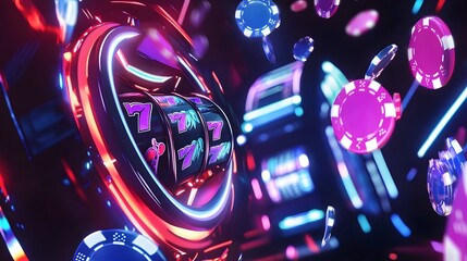 Vibrant digital art of a casino slot machine with glowing neon symbols, surrounded by flying casino chips, and a captivating bokeh effect that enhances the lively atmosphere of a casino environment