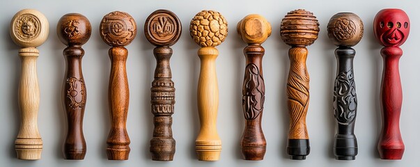 Variety of craft beer taps with wooden handles, each labeled with a unique design, artisan beer taps, creativity and detail