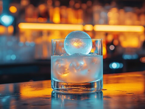 Unique cocktail with a translucent sphere floating on top, modern industrial bar setting, innovative mixology, mysterious and captivating