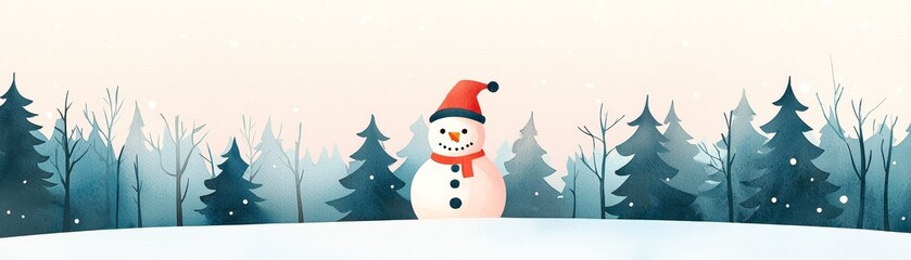 Naklejka premium A cheerful snowman wearing a red hat and scarf stands in a snowy landscape, surrounded by evergreen trees in a winter wonderland.