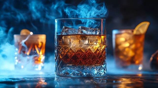 Whiskey glass with a smoking effect, rum in a tiki mug, and vodka in a sleek shot glass, moody background, creative spirits, artistry and innovation