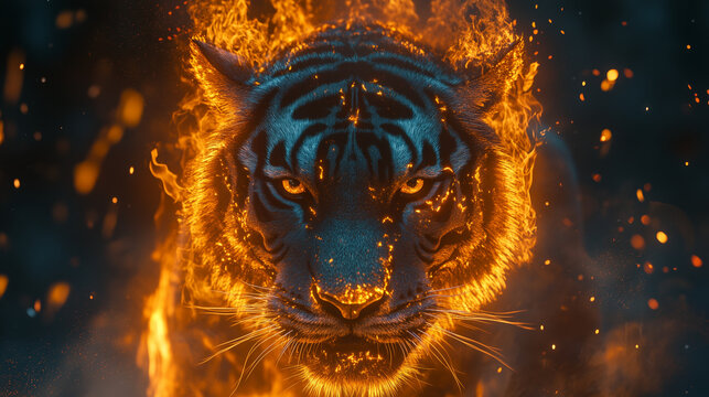 a head of a Armur Tiger made of glowing fire