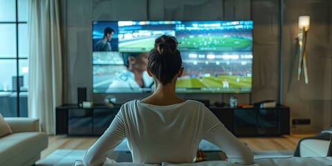 woman watching split screen multiview sports on living room flat screen TV, 
