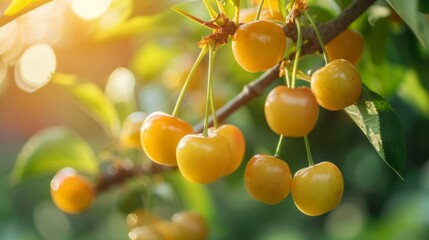 Harvest of ripe yellow cherries on a branch in the garden, agribusiness business concept, organic healthy food and non-GMO fruits with copy space
